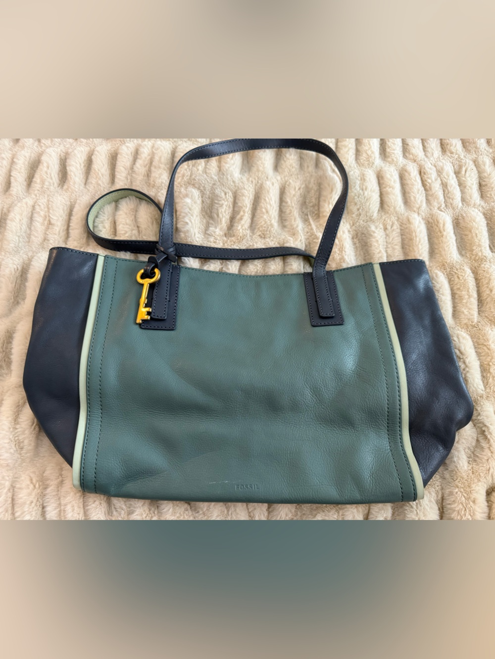 Fossil Two-Tone Green and Blue Leather Tote with Gold Key Charm